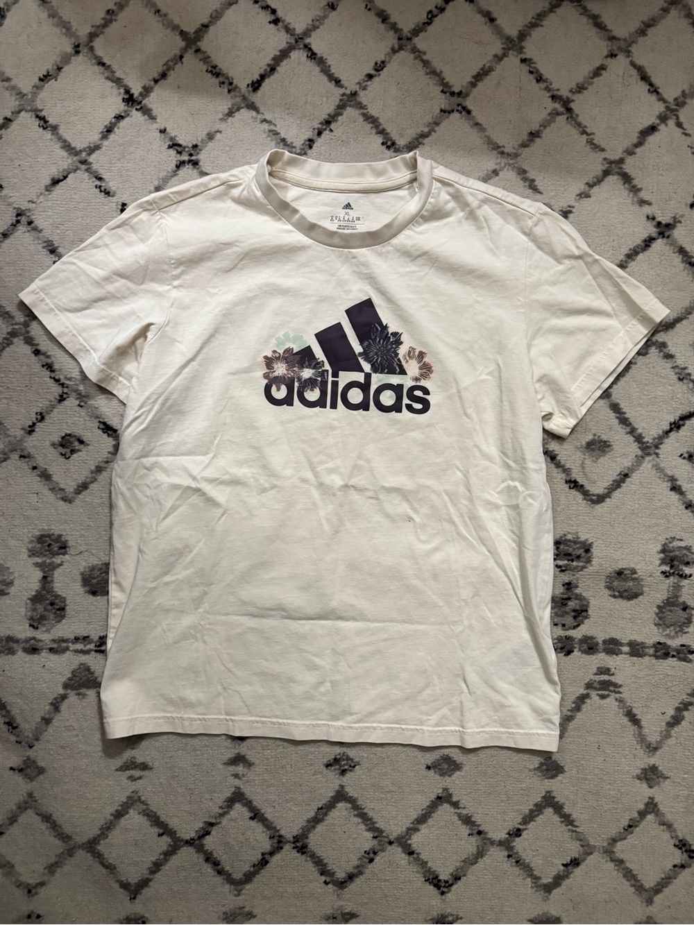 adidas White Short Sleeve Tee with Black Floral Logo